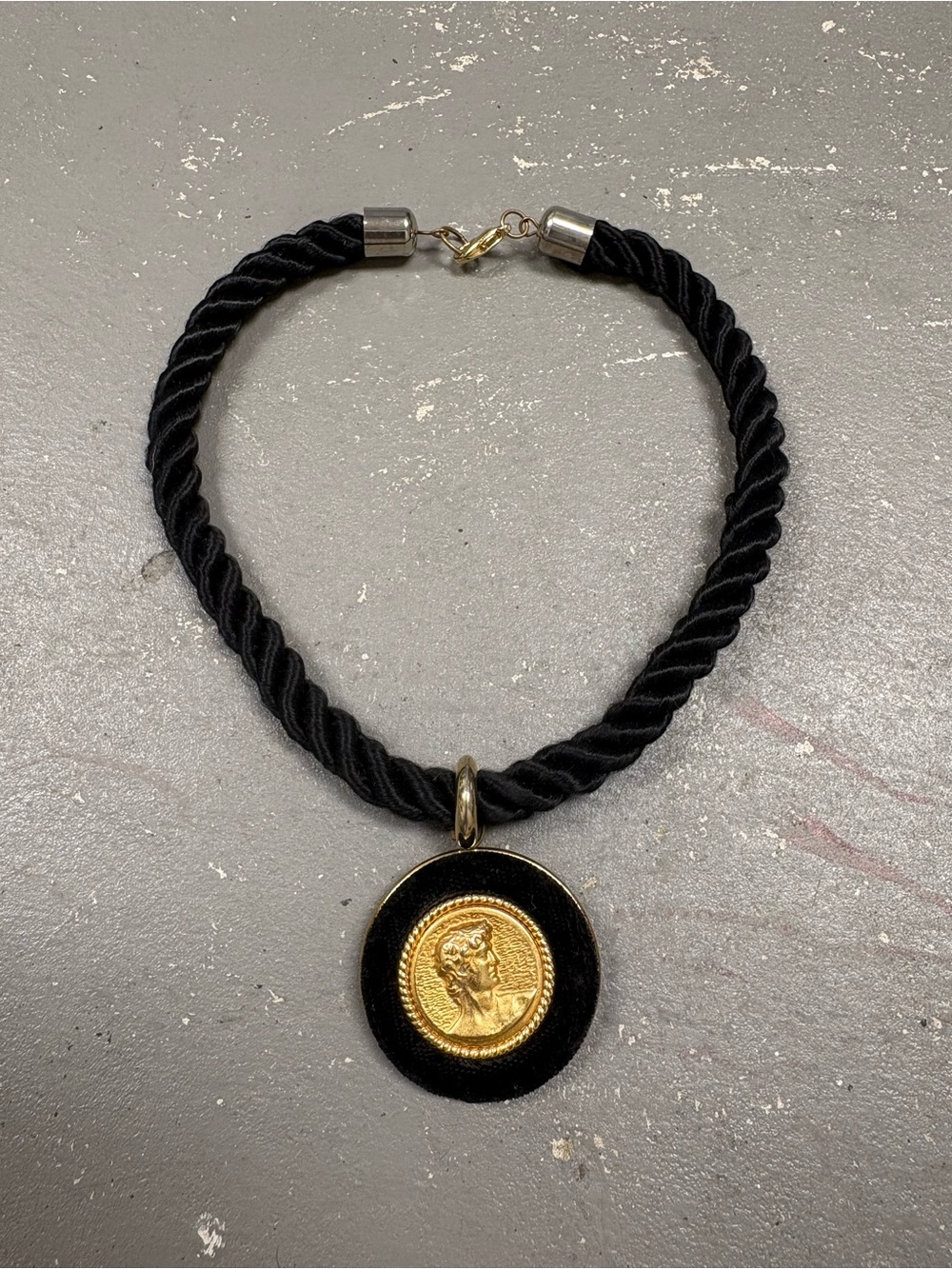 Vintage 80s Greco-Roman Coin Cameo Black Silk Rope Choker Necklace Womens OSFM